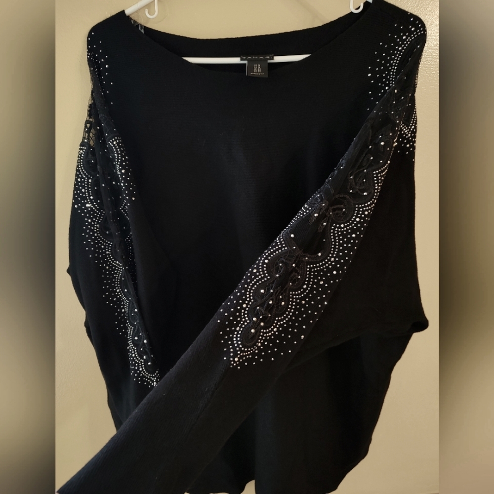 Tahari sweater with embellished lace sleeves